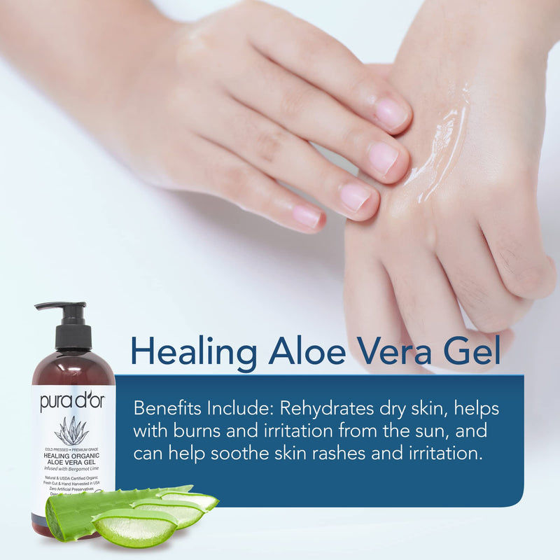 [Australia - AusPower] - PURA D'OR Organic Aloe Vera Gel Bergamot Lime (16oz) All Natural - ZERO Artificial Preservatives - Deeply Hydrating & Moisturizing - Sunburn, Bug Bites, Rashes, Small Cuts, Eczema Relief - Skin & Hair 