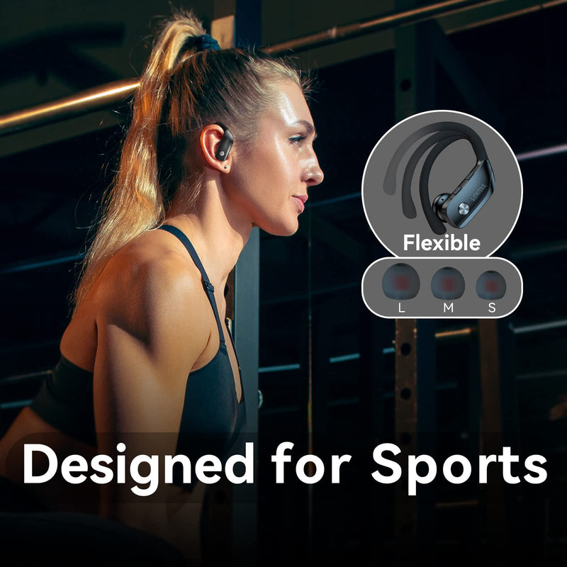 [Australia - AusPower] - Wireless Earbuds Bluetooth Headphones 48hrs Play Back Sport Earphones with LED Display Over-Ear Buds with Earhooks Built-in Mic Headset for Workout Black BMANI-VEAT00L 