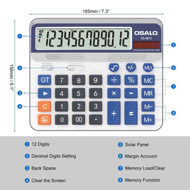 [Australia - AusPower] - Desktop Calculator Extra Large 5-Inch LCD Display 12-Digit Big Number Accounting Calculator with Giant Response Button, Battery & Solar Powered, Perfect for Office Business Home Daily Use(OS-6815) OS-6815 