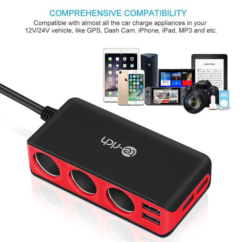 [Australia - AusPower] - Te-Rich 3-Socket Cigarette Lighter Power Adapter DC Outlet Splitter 6.8A 4 Port USB Car Charger for Cell Phones, Dash Cam, GPS and More (Red) Red 
