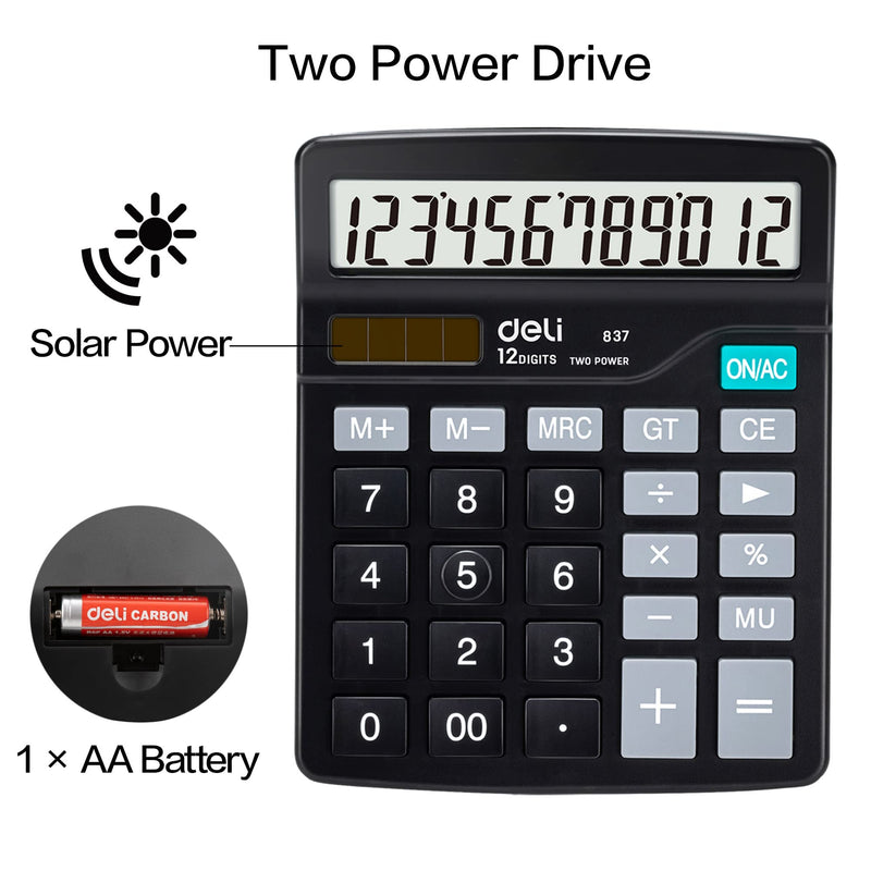 [Australia - AusPower] - Calculator, Deli Standard Function Desktop Calculators with 12 Digit Large LCD Display and Sensitive Button, Solar Battery Dual Power Office Calculator, Black 