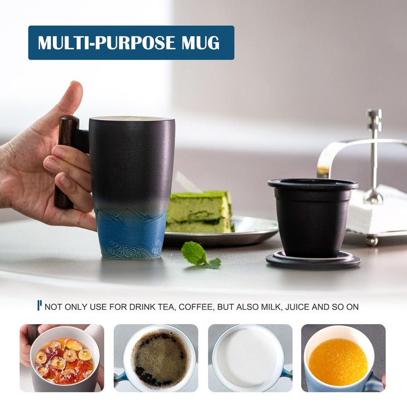 [Australia - AusPower] - suyika Tomotime Ceramic Tea Cup with Infuser and Lid Tea Mugs Wooden Handle 400ml/13.5oz Black cyan 