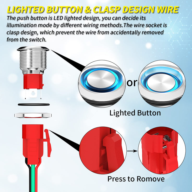 [Australia - AusPower] - Joinfworld Latching Push Button Switch 12V 20A Heavy Duty DC 12 Volt Waterproof Round Switch 19MM Metal Blue LED Ring Illuminated ON/Off Weatherproof with Wire for Marine Boat Car Truck 
