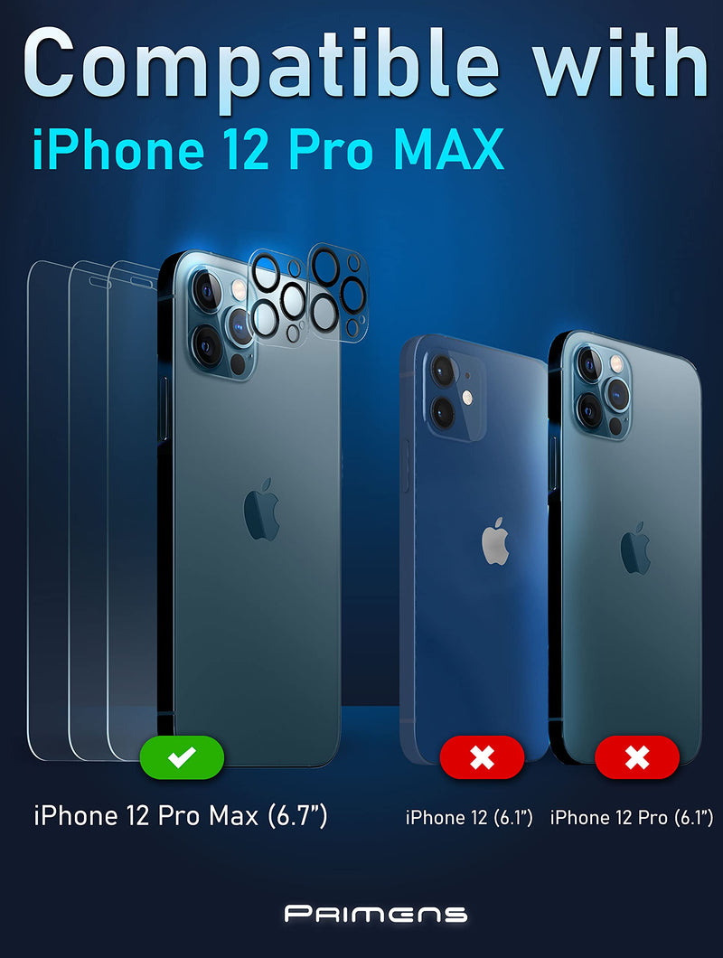 [Australia - AusPower] - 3 Pack, Tempered Glass Screen Protector 12 Pro Max, Compatible for iPhone 12 Pro Max w/ 2 Pack Camera Lens Protector, Premium Glass HD Clear Scratch Resistant 9H 2.5D w/Easy Instalation (6.7) 