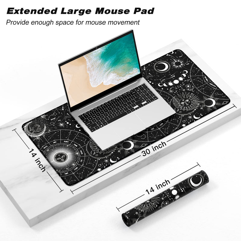 [Australia - AusPower] - Atufsuat Extended Gaming Mouse Pad, XXL Large Desk Pad 30 x 14 Inch, Big Computer Keyboard Mousepad, Waterproof Mouse Mat with Stitched Edges and Non-Slip Base for Women Office Gaming, Sun Moon 