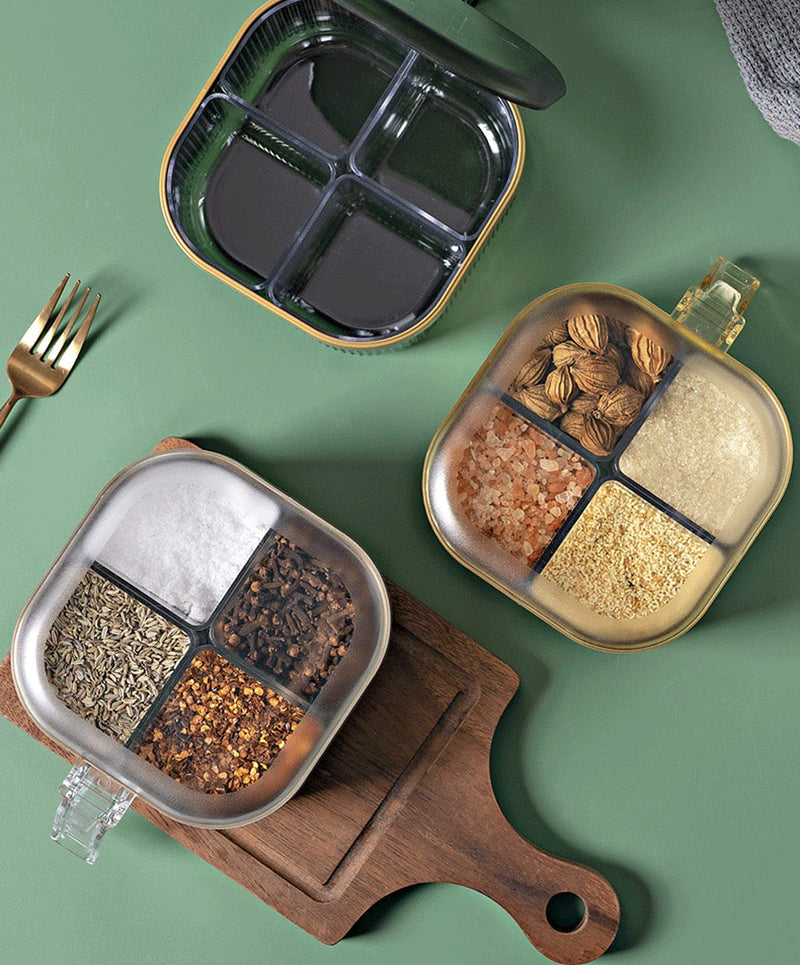 [Australia - AusPower] - 4 Compartments Seasoning Box With Lid,Clear Seasoning Storage Box Container,Seasoning Box with Cover and Serving Spoons,Kitchen Condiment Jars,Plastic Seasoning Box Set(Green) Green 