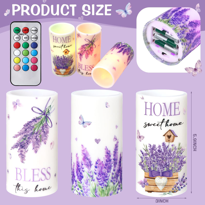 [Australia - AusPower] - Threlaco 3 Pcs Lavender Home Sweet Home LED Candles Farmhouse Spring Purple Butterfly Flameless Candles Bless This Home Candles with Remote for Bedroom Living Room Easter Spring Decor Farmhouse 