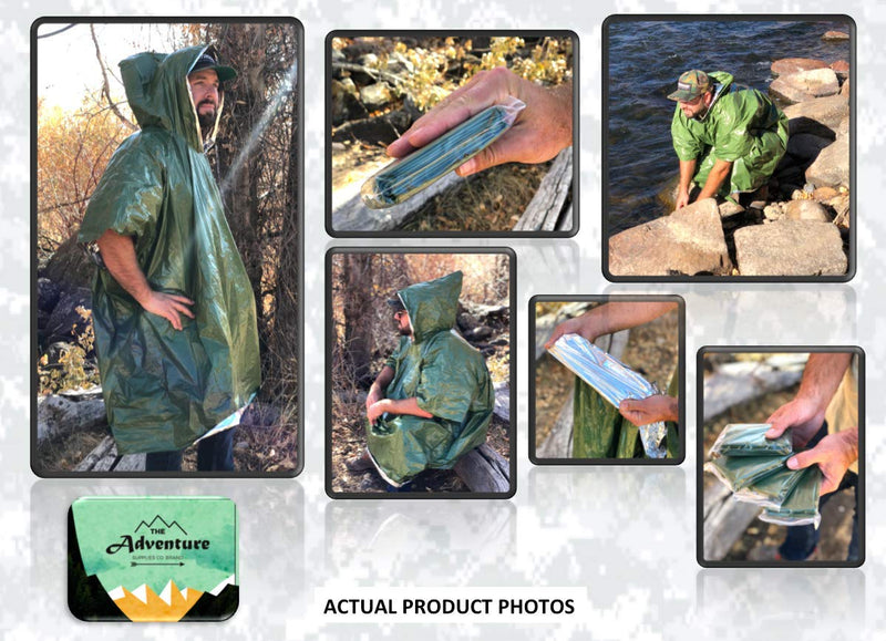 [Australia - AusPower] - Emergency Blanket & Rain Poncho - 4 Pack, Mylar Thermal Survival gear for heat retention - Lightweight - Army Green - Adventure Supply Co. 