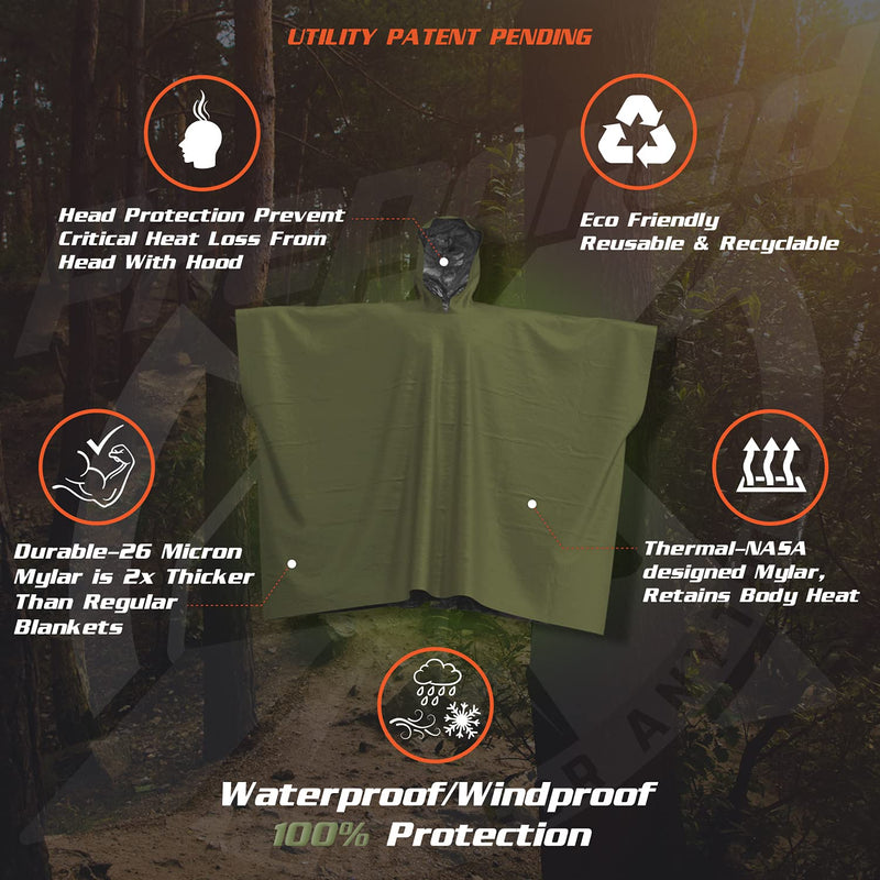 [Australia - AusPower] - Emergency Blankets & Rain Poncho Hybrid Survival Gear and Equipment – Tough, Waterproof Camping Gear Outdoor Blanket – Retains 90% of Heat + Reflective Side for Increased Visibility – 4 Pack (Green) 