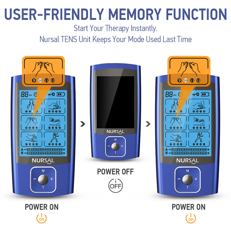[Australia - AusPower] - NURSAL TENS EMS Unit Muscle Stimulator for Pain Relief Therapy, Electric 24 Modes Dual Channel TENS Machine Pulse Massager with 12 Pcs Electrode Pads/Continuous Stable Mode/Memory Function Blue 
