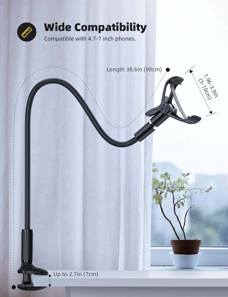 [Australia - AusPower] - Lamicall Gooseneck Phone Holder for Bed - Overall Length 38.6in, Flexible Leather Wrapped Arm, 360 Adjustable Clamp Clip, Overhead Cell Phone Mount Stand for Desk, Compatible with All Cellphone (4-7”) Black 