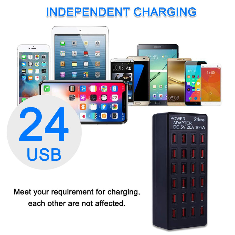 [Australia - AusPower] - 24-Port 100W (20 A) USB Charging Station, Home-Sized Desktop USB Fast Charger, Multiple USB Desktop Chargers for Hotels, Schools, Shops, Shopping malls and Travel 