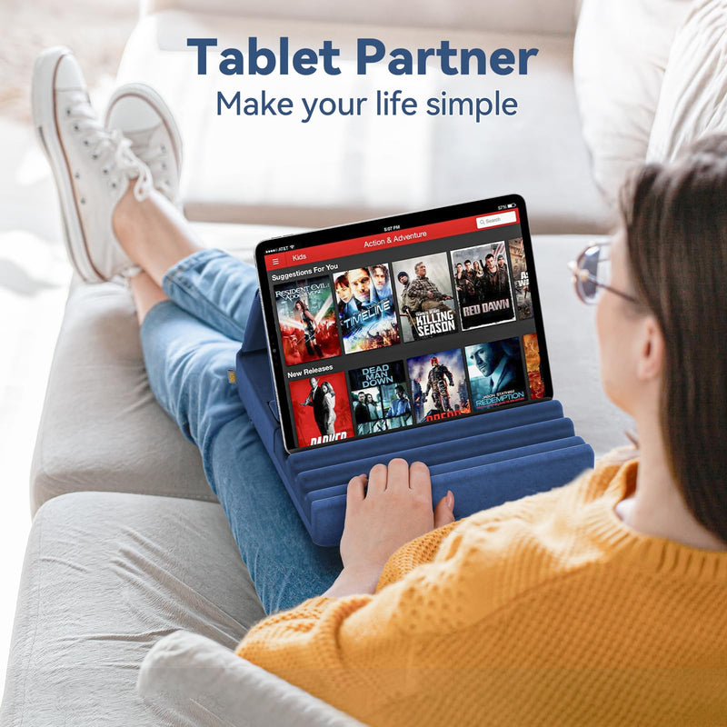 [Australia - AusPower] - KDD Tablet Pillow Holder, Foldable iPad Stand for Lap, Bed and Desk -Tablet Soft Pad Dock with Pocket & Stylus Mount Compatible with iPad Pro 12.9, 10.5, 9.7 Air Mini 6 5 4 3, Kindle, E-Reader, Blue 