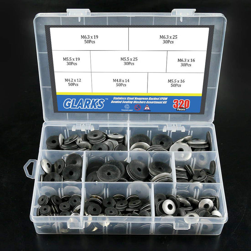 [Australia - AusPower] - Glarks 320Pcs Stainless Steel Neoprene Backed EPDM Bonded Sealing Washers Assortment Kit Work for #4/ #5/ #6 Screws 