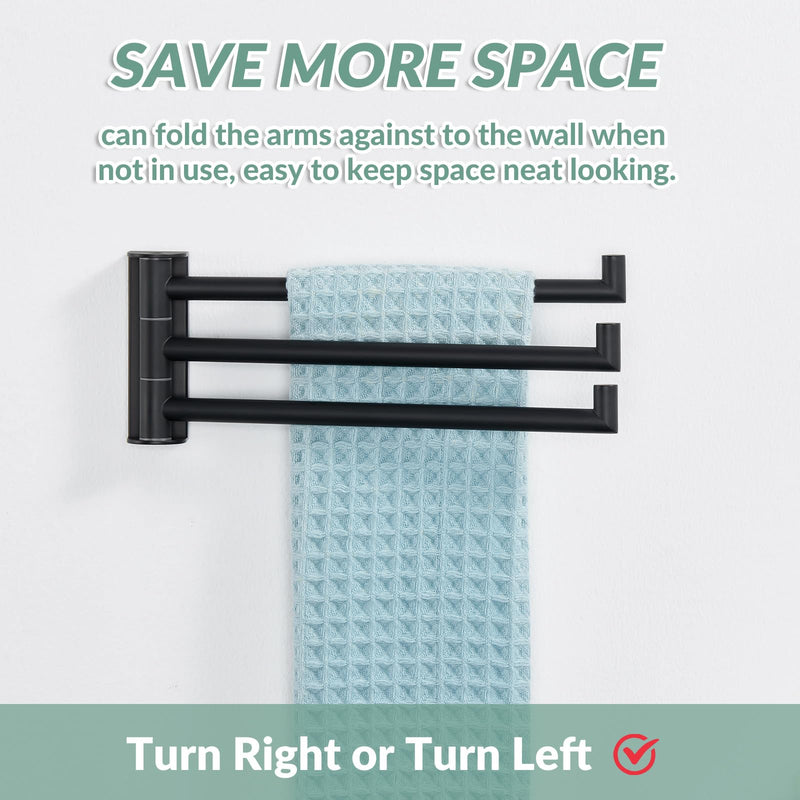 [Australia - AusPower] - APLusee Swivel Towel Rack, 304 Stainless Steel Foldable Towel Bar with Multi Three Rotating Arm, Flexible Bathroom Kitchen Towel Hanger Wall Mounted, Matte Black 