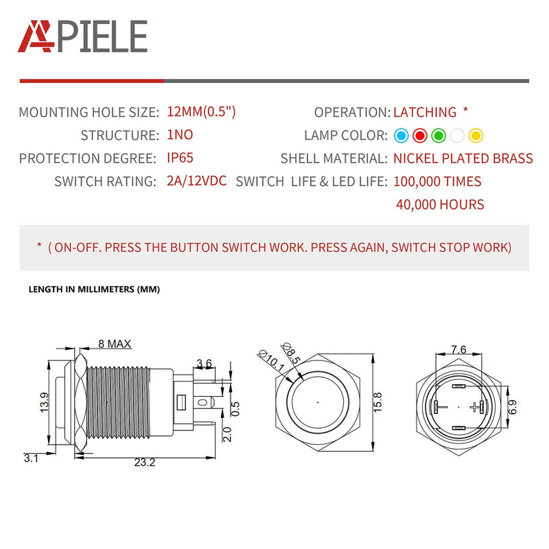 [Australia - AusPower] - APIELE (Pcs of 2) 12mm Latching Push Button Switch High Round Head Stainless Steel 1 Normally Open with Ring Led (Blue) Blue 