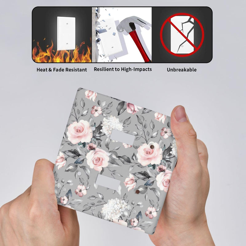 [Australia - AusPower] - LWDZLHD Rose Flowers Light Switch Cover 2 Gang Double Toggle Pink Floral Grey Leaves Decorative Electrical Wall Plate Switchpalte Outlets Faceplate for Bathroom Kitchen Bedroom Home 4.5" x 4.5" Pink Flowers Floral 
