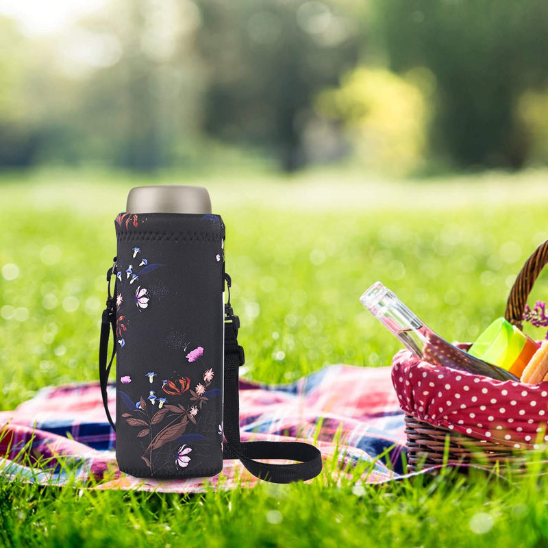 [Australia - AusPower] - AUPET Water Bottle Bag Carrier,24oz/32oz Insulated Neoprene Bottle Sling Holder Case Pouch Cover for 1000ML/750ML Bottles with Shoulder Strap for Girls Boys Adults Blue & Pink Flower 750ML 