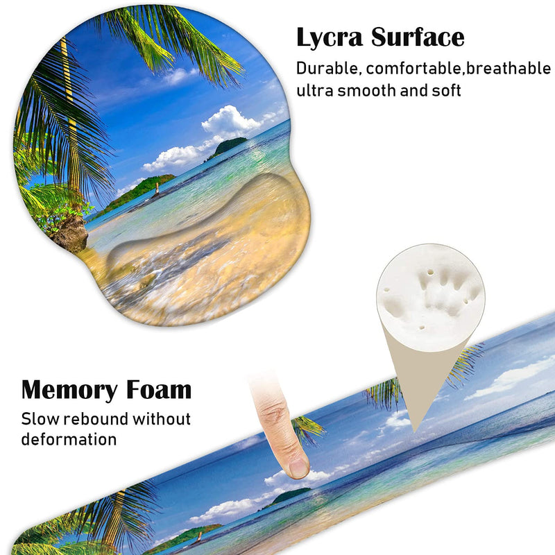 [Australia - AusPower] - Keyboard Wrist Rest and Mouse Pad Wrist Support Set with Coasters, Non-Slip PU Base Ergonomic Gaming Mousepad for Home Office Working Studying Easy Typing & Pain Relief, Shore Palms Tropical Beach 