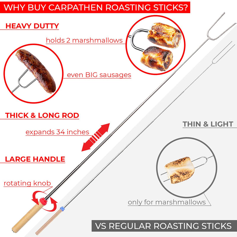 [Australia - AusPower] - CARPATHEN Campfire Roasting Sticks for Marshmallow and Hot Dog - Set of 6 Telescopic Smores Skewers Extra Long Heavy Duty Forks for Fire Pit & Fireplace - Camping Grill Accessories 