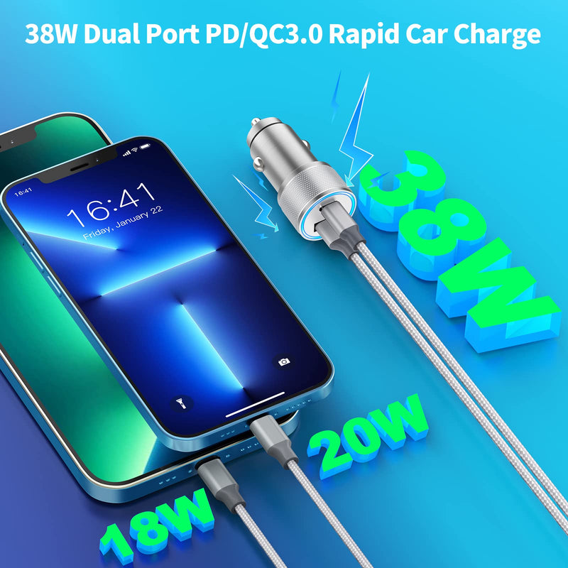 [Australia - AusPower] - [Apple MFi Certified] iPhone Fast Car Charger, Veetone 38W Dual Port USB C Power Delivery All Metal Car Adapter with 2 Pack Lightning Braided Cable, PD/QC3.0 Quick Car Charging for iPhone/iPad/Airpods Grey 