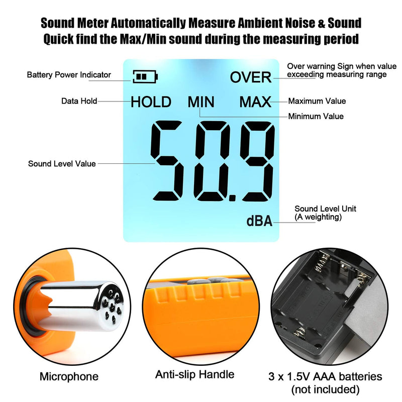 [Australia - AusPower] - Decibel Meter Sound Level Reader 30-130dB(A), Hand-held Sound Noise Meter with Backlight Alarm, Digital Noise Meter Decibel Monitoring Tester Calibrated Audio Noise Volume Measuring Instrument 