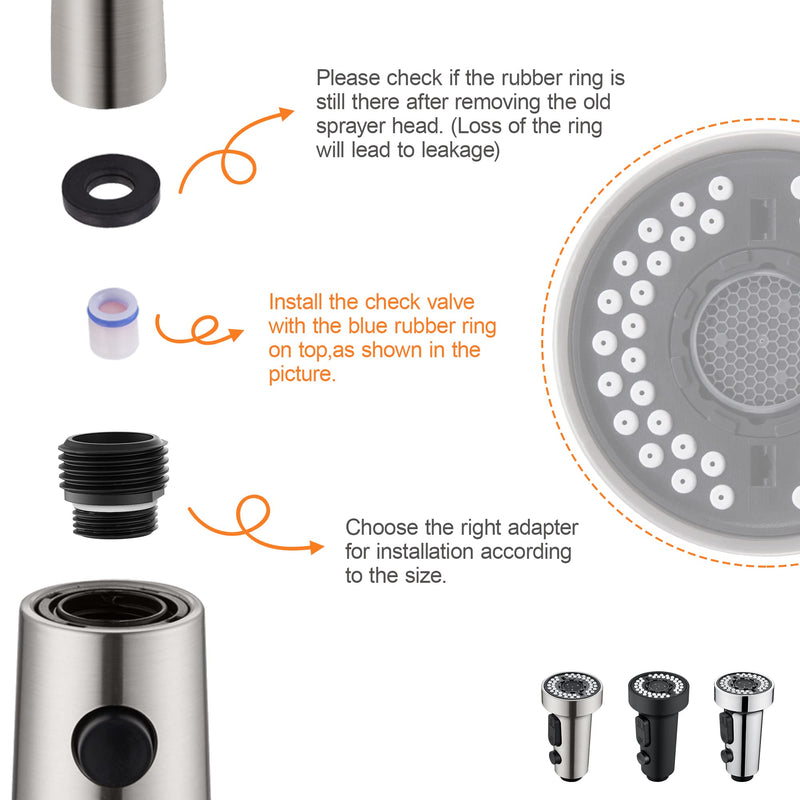 [Australia - AusPower] - Pull Down Spray Head Replacement - for Kitchen Faucet Sprayer Head with 11 Adapters, 3 Function Pull Out Faucet Spray Nozzle, Brushed Nickel 