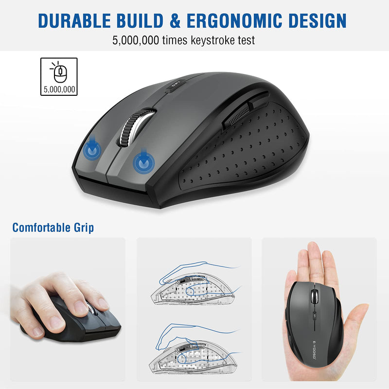 [Australia - AusPower] - Wireless Mouse, E-YOOSO Computer Mouse 18 Months Battery Life Cordless Mouse, 5-Level 2400 DPI, 6 Button Ergo Wireless Mice, 2.4G Portable USB Wireless Mouse for Laptop, Mac, Chromebook, PC, Windows Grey 