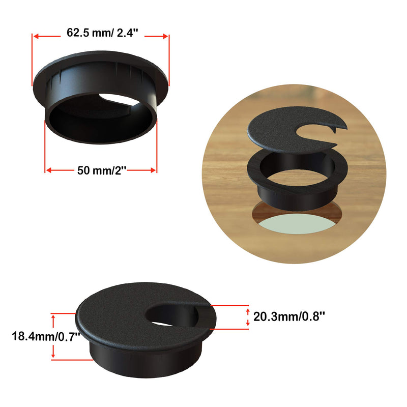 [Australia - AusPower] - MAHDPRO Desk Grommet 2 Inch (50 mm) Pack of 5-Black ABS Plastic Cable Hole Cover to Arrange Wires & Cords Through Computer Table/Countertops 50mm (2 Inch) Black 