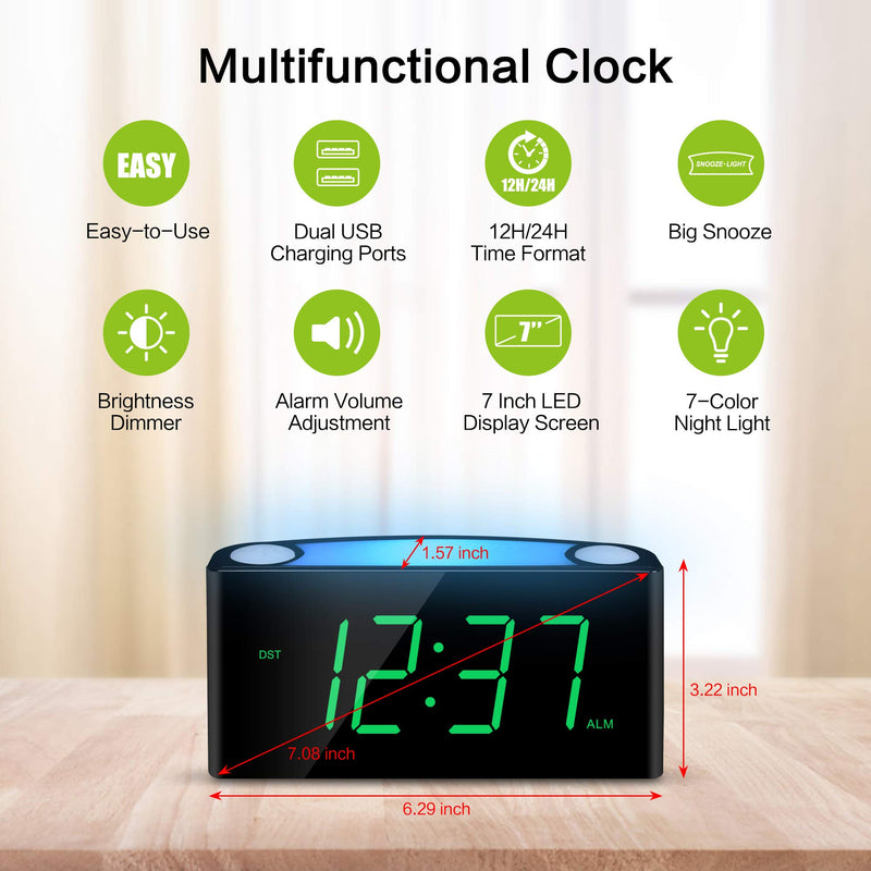 [Australia - AusPower] - Digital Alarm Clock for Bedroom, 7" Large LED Display Clock with Night Light, USB Phone Charger, Dimmer, Battery Backup, Easy to Set Extra Loud Bedside Clock for Heavy Sleeper Kid Senior Teen Boy Girl Green Digits 