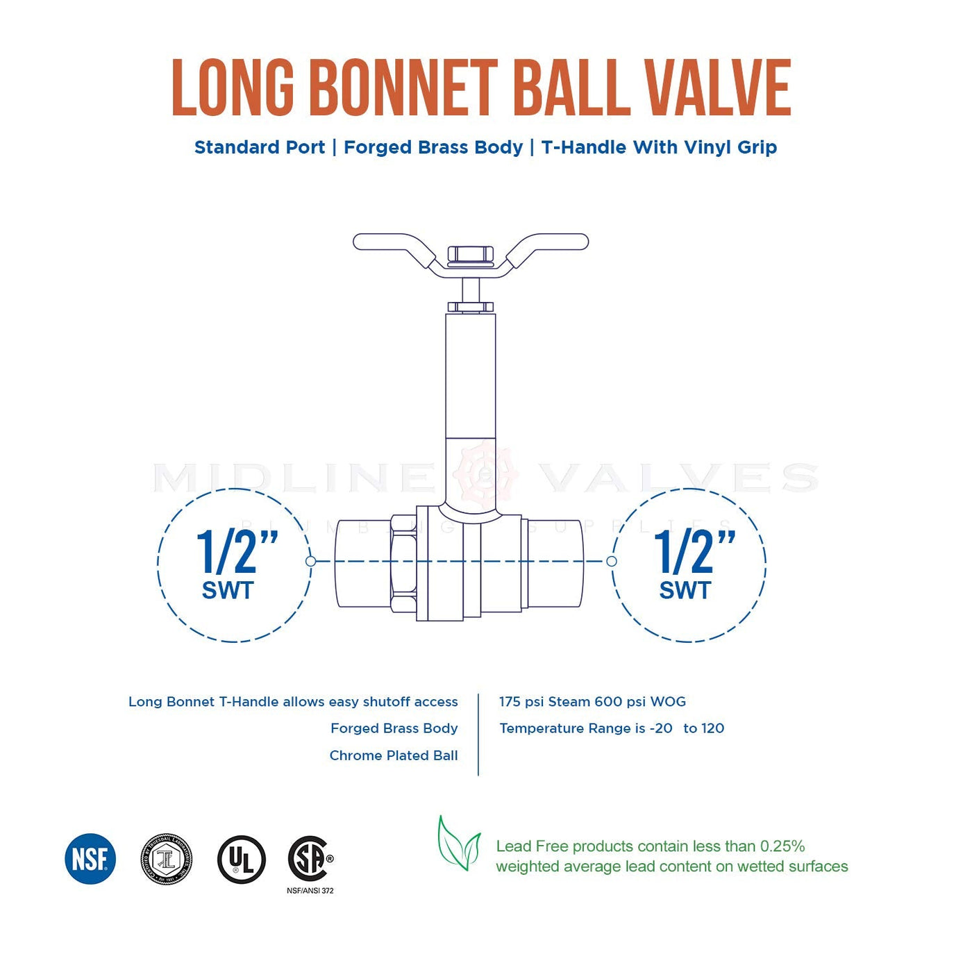 Midline Valve 75343 Premium Brass Ball Valve Long Bonnet With T Handle With 12 In Sweat 3609