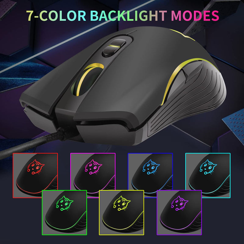 [Australia - AusPower] - Gaming Mouse,7 Colors Backlit Optical Game Mice Ergonomic USB Wired with 2400 DPI and 6 Buttons 4 Shooting for Computer/Win/Mac/Linux/Andriod/iOS. (Black) Black 
