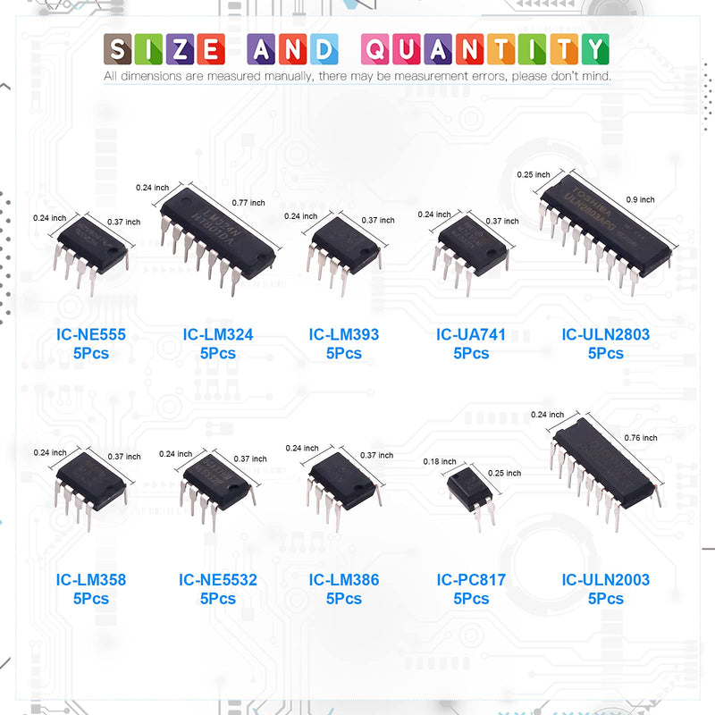 [Australia - AusPower] - Glarks 50Pcs 10 Types Integrated Circuit Chip IC Chips Assortment Kit, opamp, Single Precision Timer, pwm, Including LM324 LM358 LM386 LM393 UA741 NE5532 NE555 PC817 ULN2003 ULN2803 