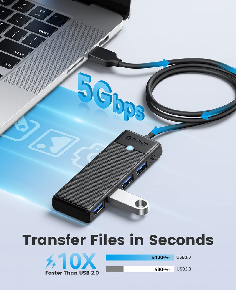 [Australia - AusPower] - USB 3.0 Hub, ORICO 4-Port USB Hub with 6FT Long Cable, Ultra Slim USB Splitter for Laptop MacBook Pro, iMac, Surface Pro, XPS, PS5，PC, Flash Drive, Mobile HDD(Black/6ft) Black/USB-A 