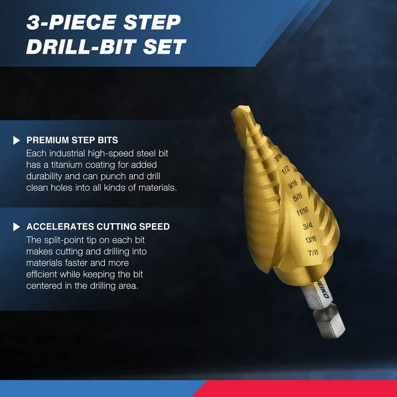 [Australia - AusPower] - NEIKO 10181A Step Drill Bit Set, 3 Piece, Spiral Grooved for Faster Drilling, Step Bits for Stainless Steel, Metal, Wood, Plastic, Unibit Cone Drill Bits with 31 Step Sizes Total 1/8 to 7/8", 3 bits 1/4" Quick Change Hex 