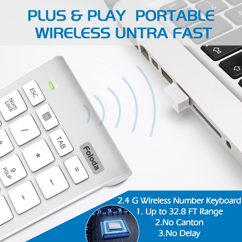 [Australia - AusPower] - Wireless Number Pad, Portable 2.4Ghz USB 10 Keys Financial Accounting Numeric Keypad Data Entry Numpad for Laptop, PC, Desktop White 