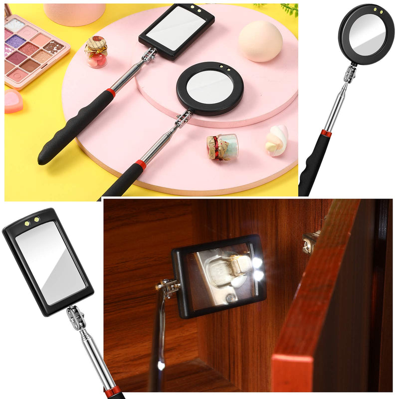 [Australia - AusPower] - 2 Pieces Led Telescoping Inspection Mirror Round Mirror Square Mirror Inspection Tool for Check The Condition of The Vehicle, Observe The Eyelashes, Mouth and Other Small Parts 2 