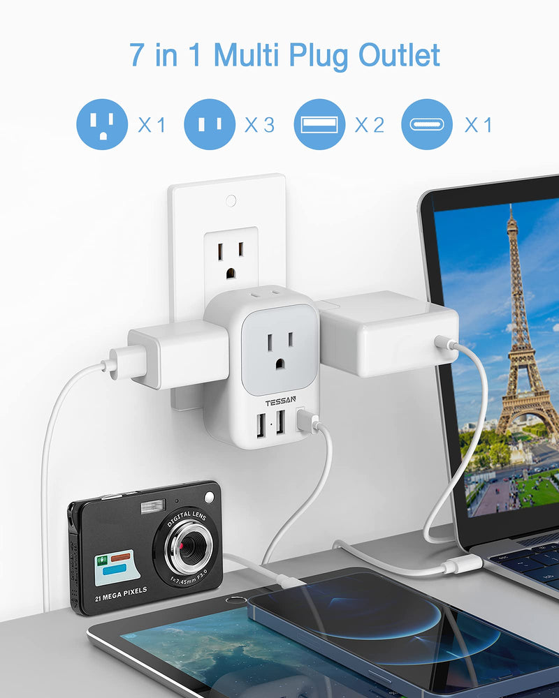 [Australia - AusPower] - USB Wall Charger, USB Plug Adapter Outlet Extender, TESSAN 3 USB Hub (1 USB C Port), Multi Charging Station for Cruise, Bathroom, Office, Dorm Essentials 