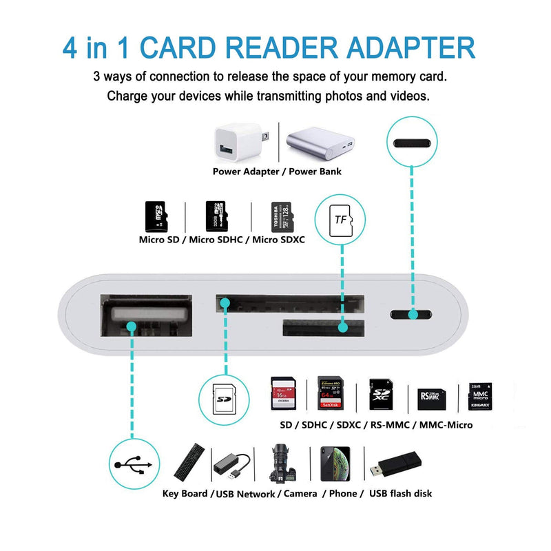 [Australia - AusPower] - SD TF Card Reader Adapter for iPhone/iPad,4 in 1 USB OTG Camera Connection Kits Adapter with SD TF Card Reader and Charge Adapter Compatible for iPhone/iPad,Support Newest iOS 14-White 