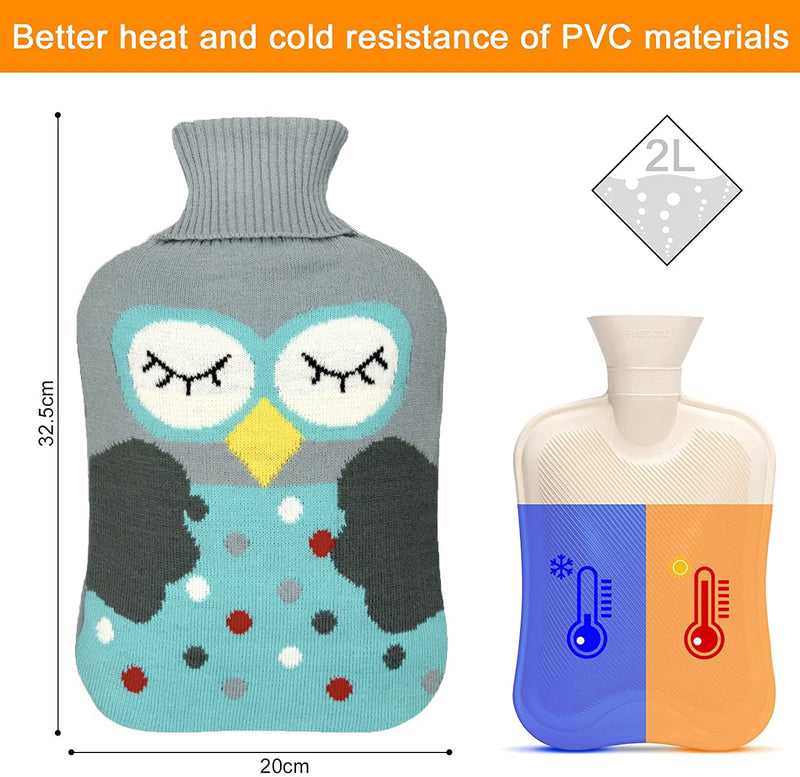 [Australia - AusPower] - OliviaLiving Hot Water Bag Hot Water Bottle 2 Liter Heat Up and Refreezable Hot Cold Pack with Knit Cover for Pain Relief Hot Cold Therapy, Cartoon Owl Blue 
