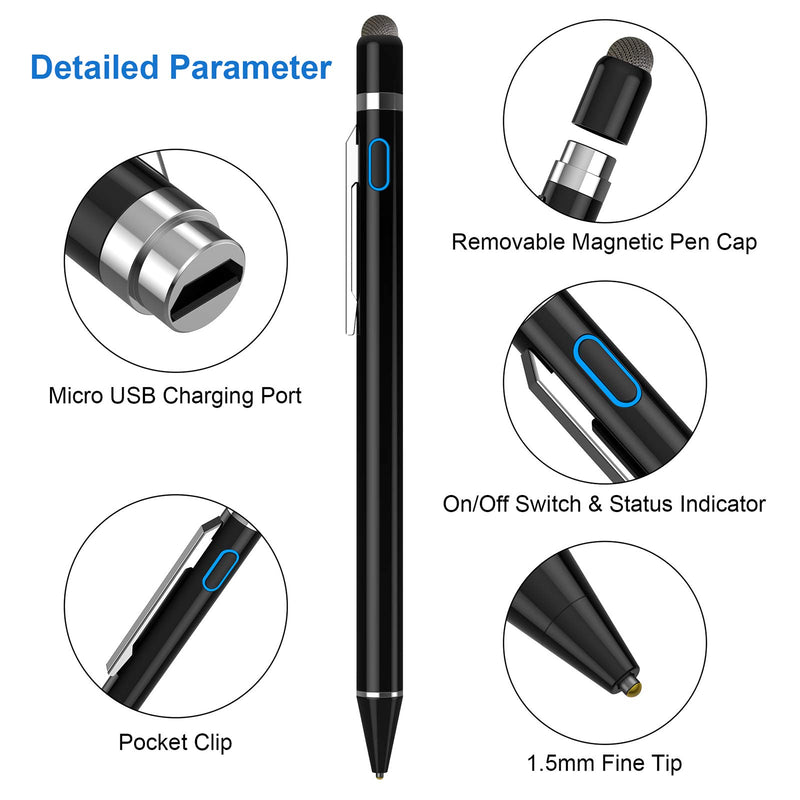 [Australia - AusPower] - Stylus Pens for Touch Screens, NTHJOYS Universal Fine Point Stylus for iPad, iPhone, Samsung, iOS/Android Smart Phone and Other Tablets, Active Stylus Stylist Pen Pencil for Precise Writing/Drawing Black 
