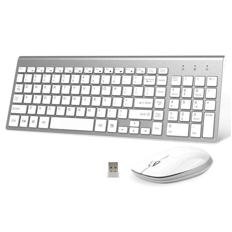 [Australia - AusPower] - Wireless Keyboard and Mouse - FENIFOX USB Slim 2.4G Wireless Keyboard Mouse Combo Full-Size Ergonomic Compact with Number Pad for Laptop PC Computer Windows mac- Silver White 