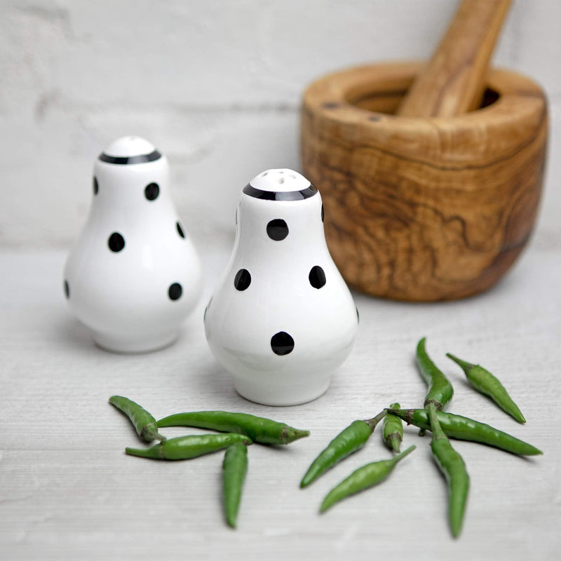 [Australia - AusPower] - Handmade White and Black Polka Dot Ceramic Salt and Pepper Pots, Shakers, Cruet Set, Holder, Housewarming Gift by City to Cottage® 