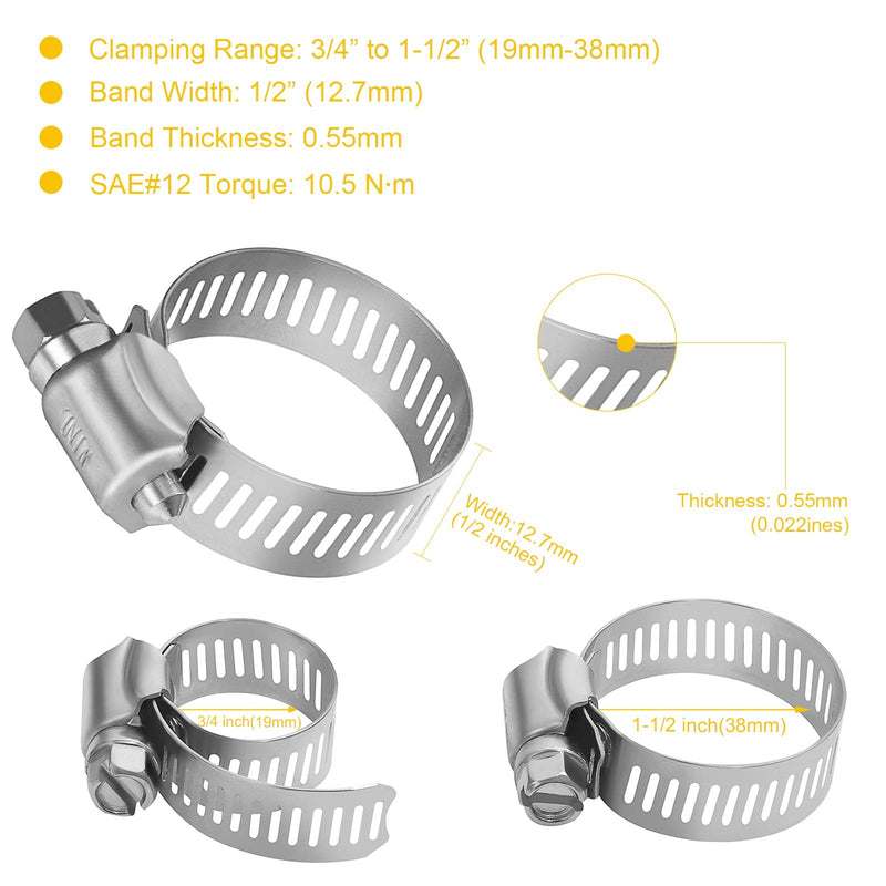 [Australia - AusPower] - WINL Stainless Steel Hose Clamps - 16 Pack Worm Gear Drive Hose Clamps SAE 16 Clamping Range 3/4 Inch to 1-1/2 Inch (19mm-38mm) for Automotive Plumbing, 3/4'', 1'', 1 1/4'' Hose Clamps SAE#16 (3/4" ~ 1-1/2") 