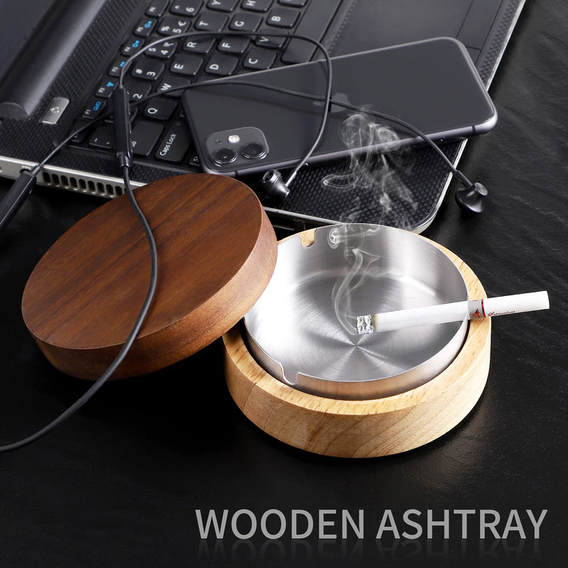 [Australia - AusPower] - Wooden Ashtray with Lid for Smokers Stainless Steel Liner Ash Tray Windproof Durable Easy to Clean Cool Ashtrays for Indoor or Outdoor Use, Patio, Office & Home 4.7 in x 4.7 in x 2.1 in Wood 
