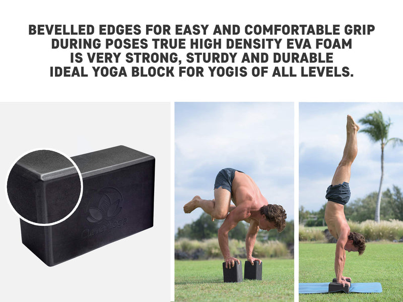 [Australia - AusPower] - Clever Yoga Blocks and Strap Set 2 Pack Yoga Blocks Light Weight High Density Foam 9x6x4 Inches and 8FT Thick Cotton Yoga Strap for Beginners and All Yogis Supports All Poses, Flexibility and Posture Black 
