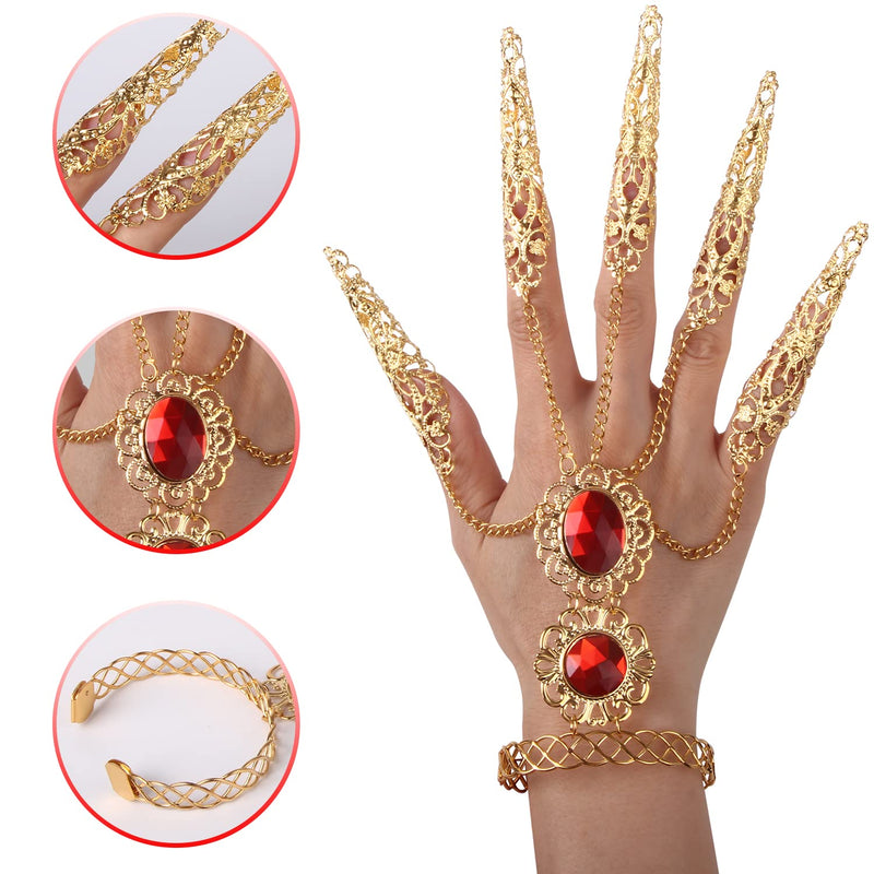 [Australia - AusPower] - CROWN GUIDE Women's Belly Dancer Costumes Gypsy Egyptian Queen Costume Accessories Bangles with Finger Claws Goth Nails Indian Hand Jewelry Set Gold 