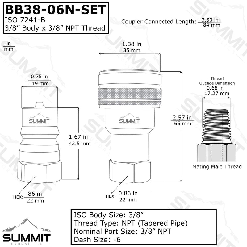 [Australia - AusPower] - 3/8″ NPT ISO 7241-B Brass Quick Disconnect Hydraulic Coupler Set … 