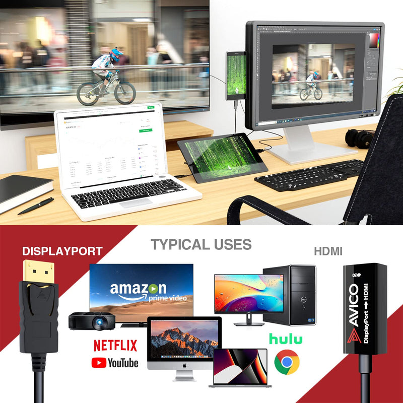 [Australia - AusPower] - Avico DisplayPort 1.2 to HDMI 2.0 Adapter – 4K 60hz HDR – 2K 144hz – 1080P 240hz – 6ft Cable – for Monitors, TVs, PCs, MacBooks, Projectors 