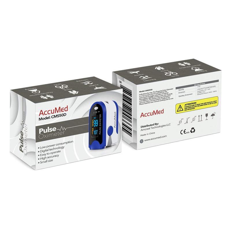 [Australia - AusPower] - AccuMed Fingertip Pulse Oximeter, Sp02 Finger Blood Pulse Oxygen Monitor, w/Carrying case, Lanyard Silicon Case & Battery CMS-50D (Blue) 